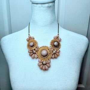 Vintage Floral Statement Bib Necklace Peach/Gold Neutral Bib Faux